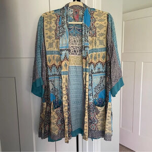 Johnny Was Kimono Rayon Blue Cream Long Paisley Cardigan Small